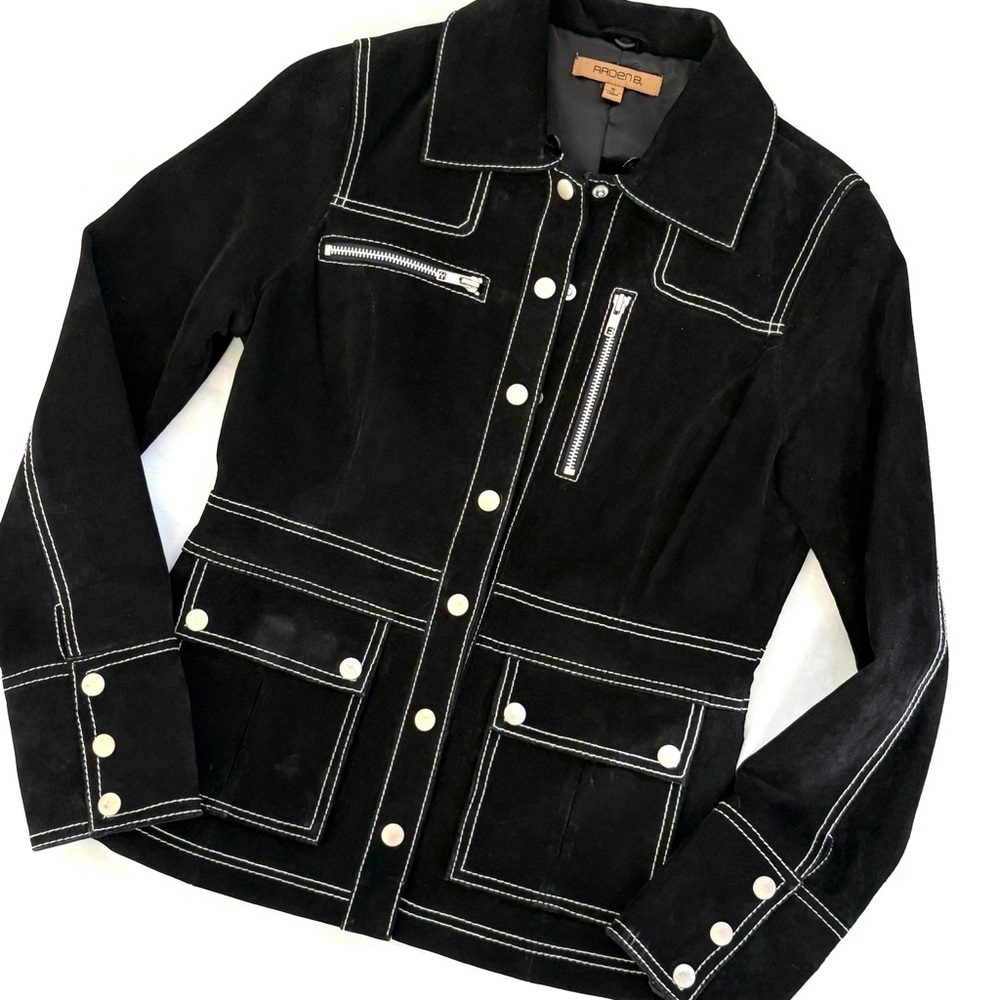 Arden B Black Leather Jacket with White Stitching